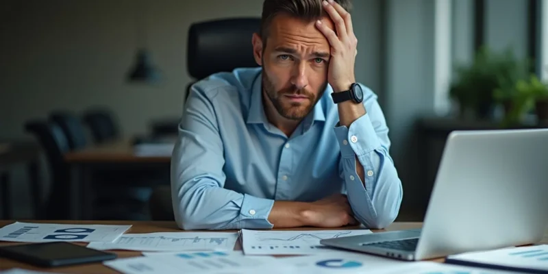 Homem analisando documentos financeiros e notebook, preocupado com notificação da Receita Federal sobre patrimônio não declarado.