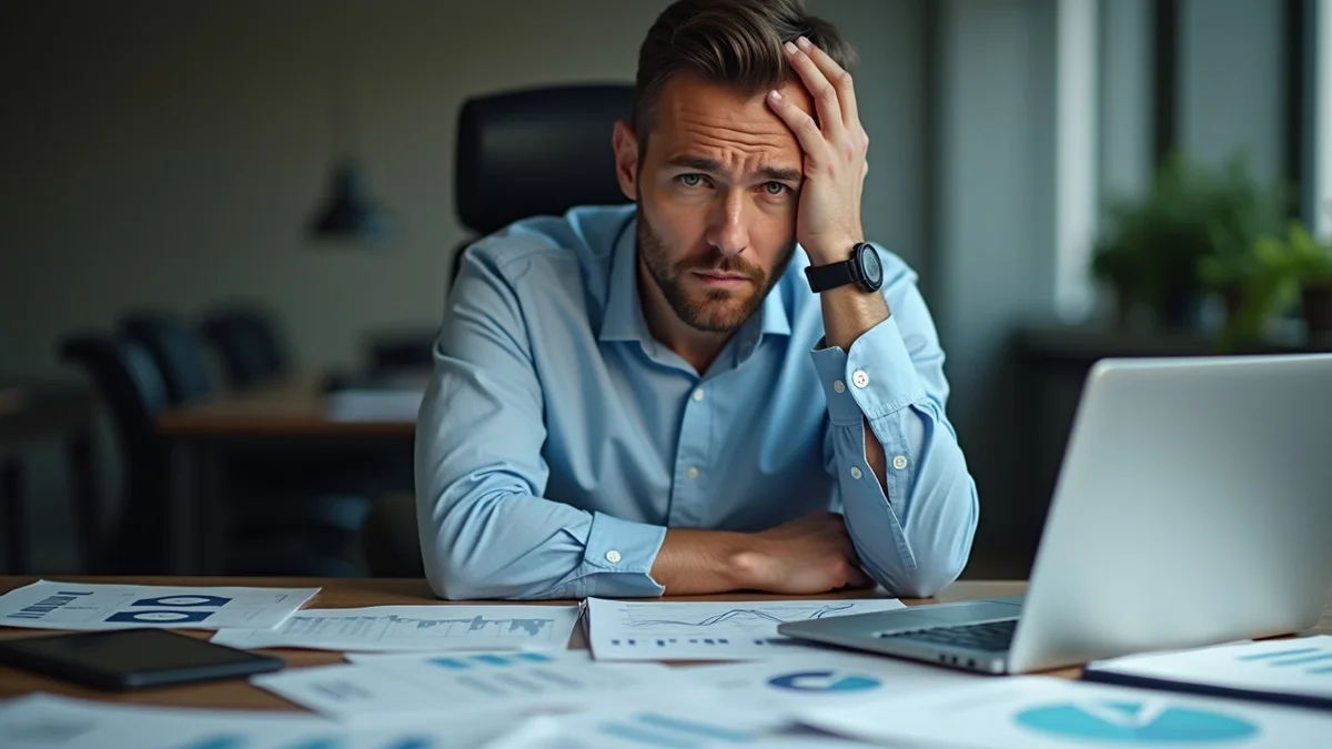 Homem analisando documentos financeiros e notebook, preocupado com notificação da Receita Federal sobre patrimônio não declarado.