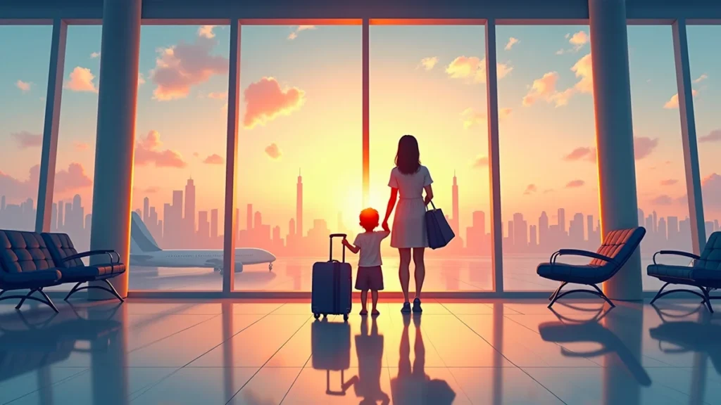 Mãe e filho observando uma nova cidade com malas, simbolizando a mudança e a necessidade de autorização judicial para a guarda.