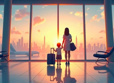 Mãe e filho observando uma nova cidade com malas, simbolizando a mudança e a necessidade de autorização judicial para a guarda.