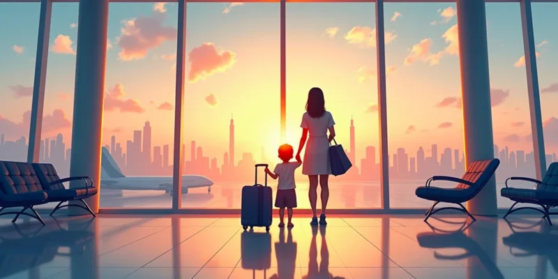 Mãe e filho observando uma nova cidade com malas, simbolizando a mudança e a necessidade de autorização judicial para a guarda.