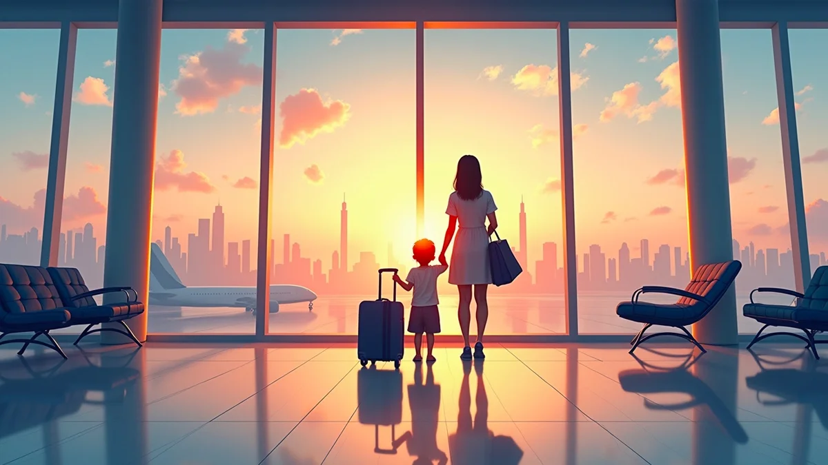 Mãe e filho observando uma nova cidade com malas, simbolizando a mudança e a necessidade de autorização judicial para a guarda.