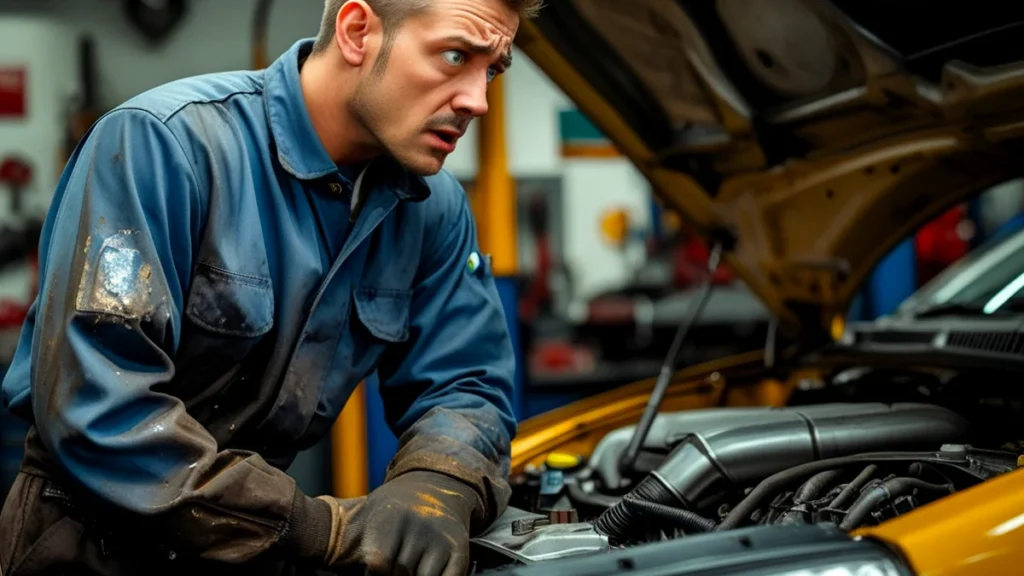 Mecânico uniformizado olhando preocupado para motor de carro em oficina, ilustrando falha na prestação de serviço e defeito persistente.