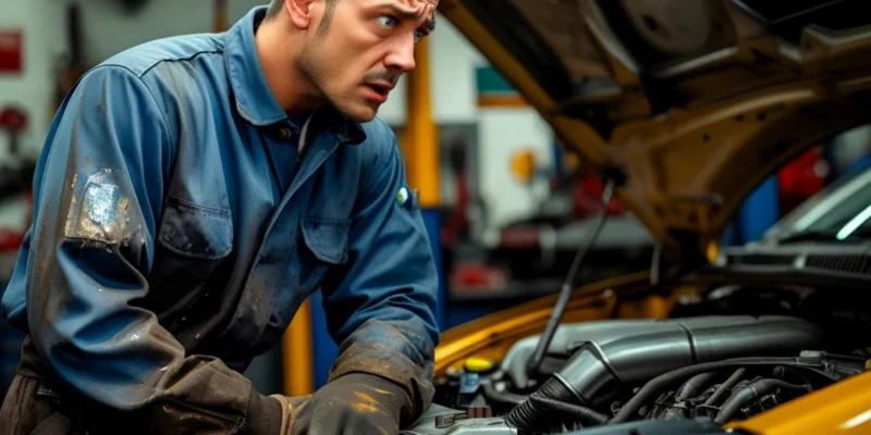 Mecânico uniformizado olhando preocupado para motor de carro em oficina, ilustrando falha na prestação de serviço e defeito persistente.