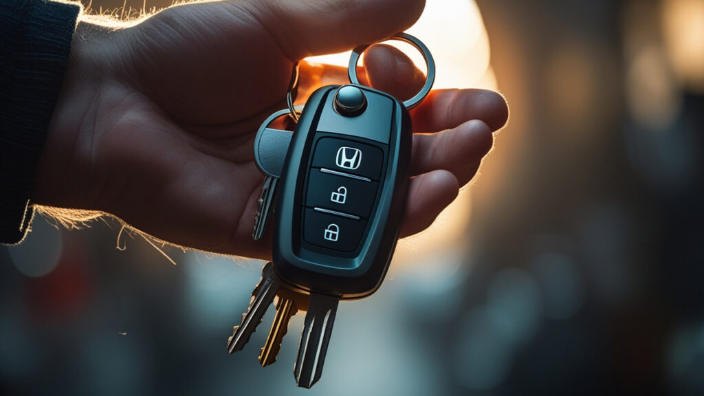 Mãos segurando chaves de carro sobre contrato de compra e venda veicular, representando a regularização e transferência de financiamento.