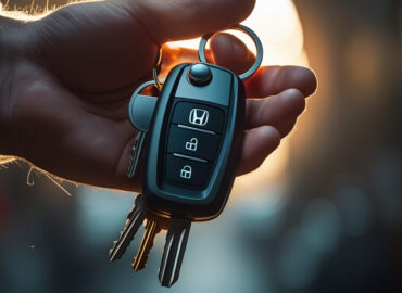 Mãos segurando chaves de carro sobre contrato de compra e venda veicular, representando a regularização e transferência de financiamento.