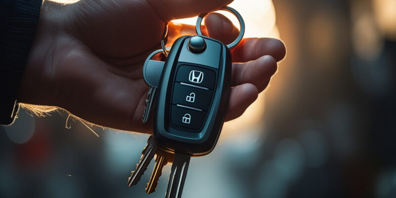 Mãos segurando chaves de carro sobre contrato de compra e venda veicular, representando a regularização e transferência de financiamento.