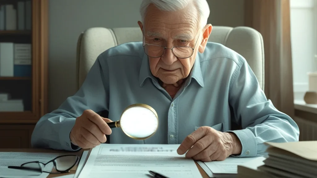 Um aposentado analisando documentos de aposentadoria do INSS com uma lupa, com o símbolo da justiça (STF) ao fundo, representando a Revisão da Vida Toda e a decisão judicial.