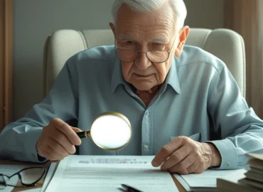 Um aposentado analisando documentos de aposentadoria do INSS com uma lupa, com o símbolo da justiça (STF) ao fundo, representando a Revisão da Vida Toda e a decisão judicial.