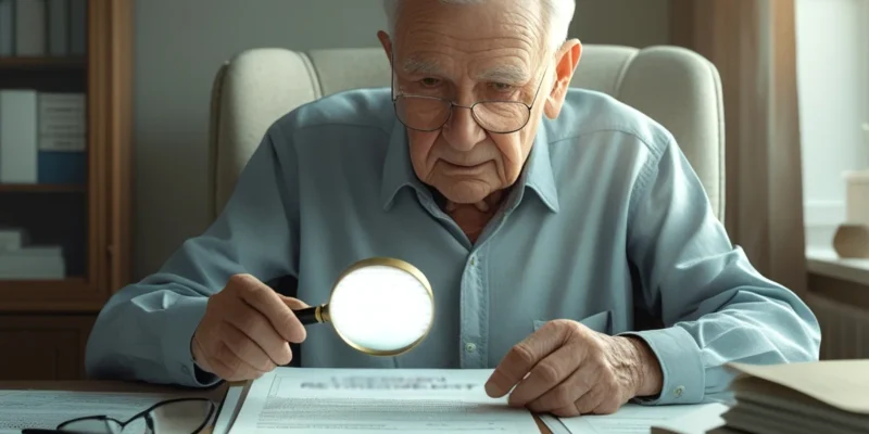 Um aposentado analisando documentos de aposentadoria do INSS com uma lupa, com o símbolo da justiça (STF) ao fundo, representando a Revisão da Vida Toda e a decisão judicial.