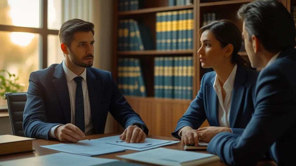 Síndico em reunião com advogado examinando documentos de ocorrências, planejando ação legal contra vizinho antissocial no condomínio.