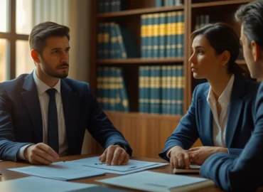 Síndico em reunião com advogado examinando documentos de ocorrências, planejando ação legal contra vizinho antissocial no condomínio.