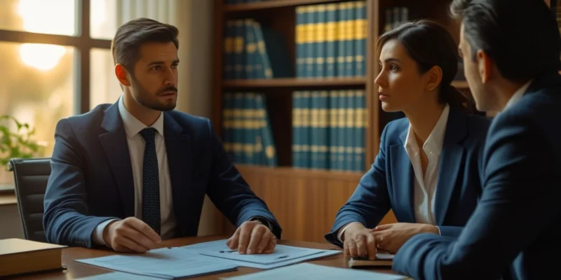 Síndico em reunião com advogado examinando documentos de ocorrências, planejando ação legal contra vizinho antissocial no condomínio.