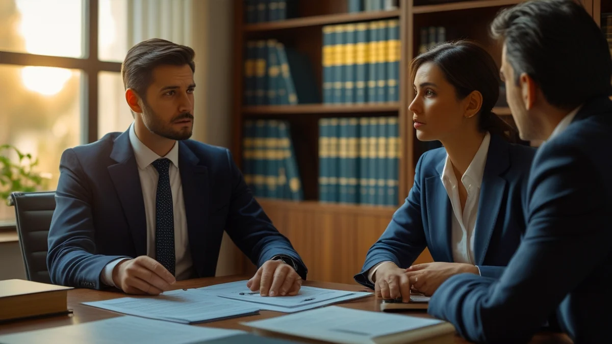 Síndico em reunião com advogado examinando documentos de ocorrências, planejando ação legal contra vizinho antissocial no condomínio.