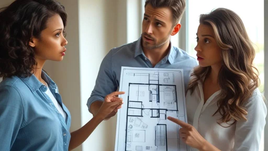 Casal realizando vistoria em apartamento novo segurando a planta baixa e apontando divergência na construção, ilustrando mudança de projeto pela construtora.
