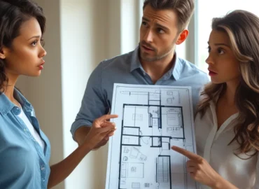 Casal realizando vistoria em apartamento novo segurando a planta baixa e apontando divergência na construção, ilustrando mudança de projeto pela construtora.