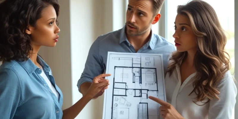 Casal realizando vistoria em apartamento novo segurando a planta baixa e apontando divergência na construção, ilustrando mudança de projeto pela construtora.