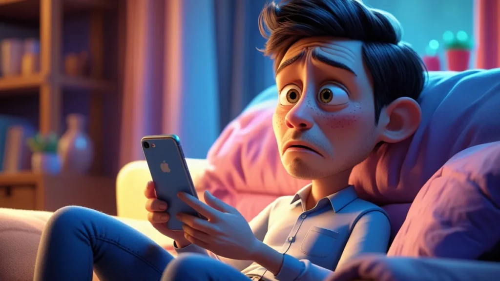 Pessoa segurando celular com expressão de preocupação após clicar em link de phishing, com ícones de segurança digital e alerta de fraude ao fundo.