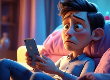 Pessoa segurando celular com expressão de preocupação após clicar em link de phishing, com ícones de segurança digital e alerta de fraude ao fundo.