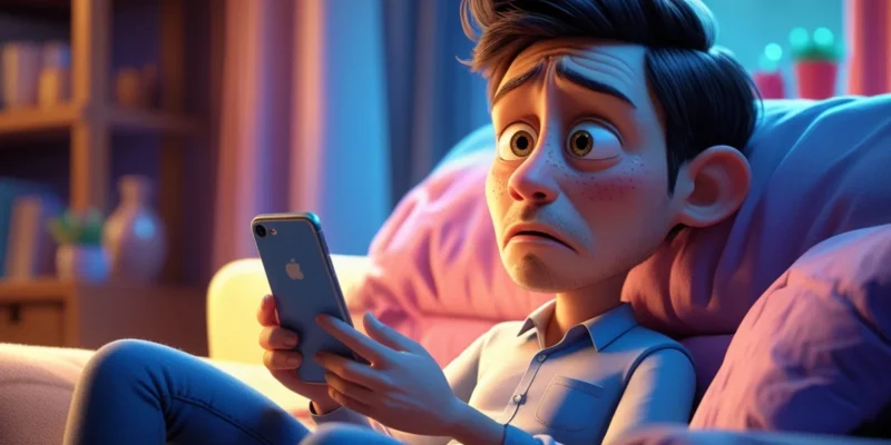 Pessoa segurando celular com expressão de preocupação após clicar em link de phishing, com ícones de segurança digital e alerta de fraude ao fundo.