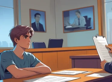 Adolescente sendo ouvido por juiz ou psicólogo em sala de audiência, representando a escuta da vontade do filho no processo de guarda.