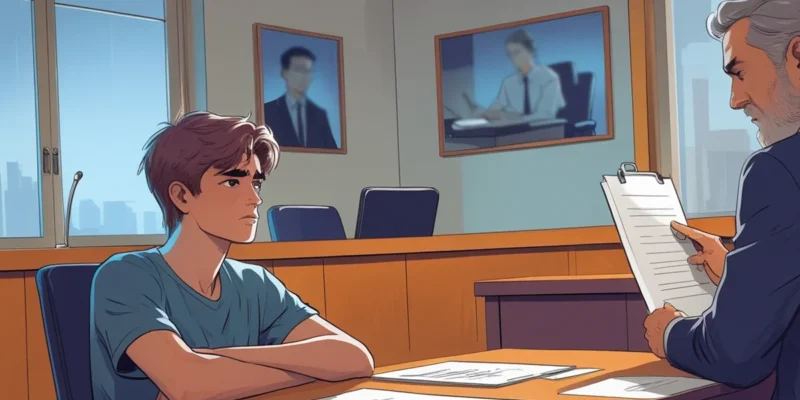 Adolescente sendo ouvido por juiz ou psicólogo em sala de audiência, representando a escuta da vontade do filho no processo de guarda.