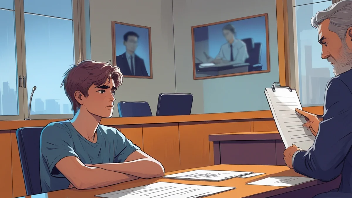 Adolescente sendo ouvido por juiz ou psicólogo em sala de audiência, representando a escuta da vontade do filho no processo de guarda.