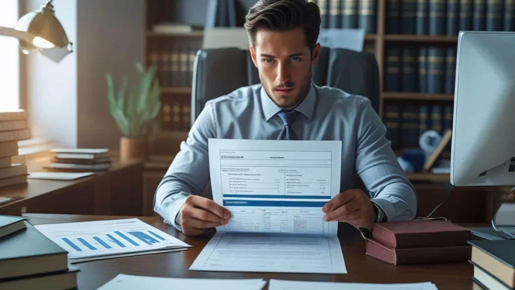 Advogado de Direito da Saúde analisando um laudo médico e uma negativa de plano de saúde para entrar com ação judicial e pedir liminar.