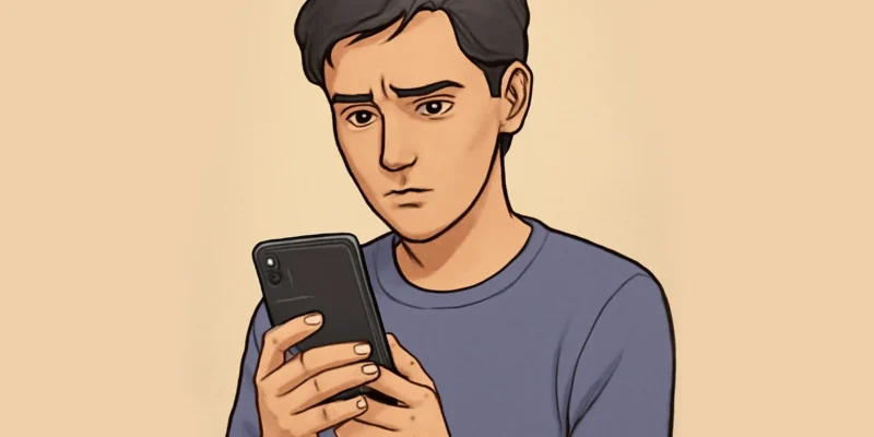 Pessoa olhando o celular com expressão de preocupação após receber notificação de PIX agendado, simbolizando golpe e busca por reversão bancária.