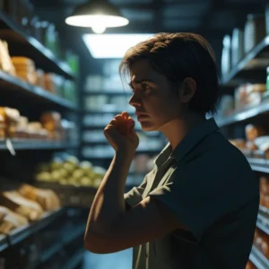 Funcionário de pequeno mercado organizando prateleiras tarde da noite, ilustrando trabalho excessivo e dúvidas sobre horas extras.