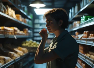 Funcionário de pequeno mercado organizando prateleiras tarde da noite, ilustrando trabalho excessivo e dúvidas sobre horas extras.