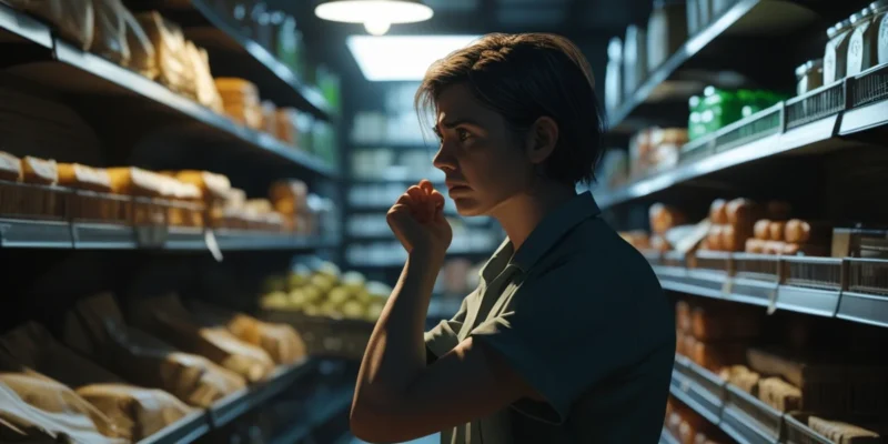 Funcionário de pequeno mercado organizando prateleiras tarde da noite, ilustrando trabalho excessivo e dúvidas sobre horas extras.