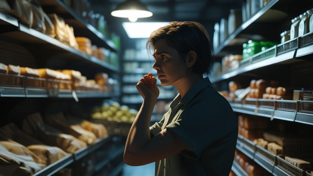 Funcionário de pequeno mercado organizando prateleiras tarde da noite, ilustrando trabalho excessivo e dúvidas sobre horas extras.