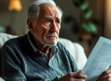 Pessoa idosa preocupada olhando extrato bancário com saldo bloqueado, representando impenhorabilidade de aposentadoria.