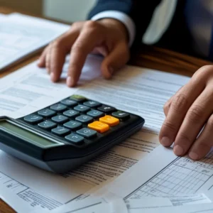 Mãos analisando documentos e calculadora sobre mesa, ilustrando o cálculo do imposto ITCMD em processo de inventário.