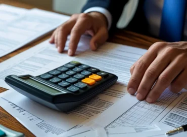 Mãos analisando documentos e calculadora sobre mesa, ilustrando o cálculo do imposto ITCMD em processo de inventário.