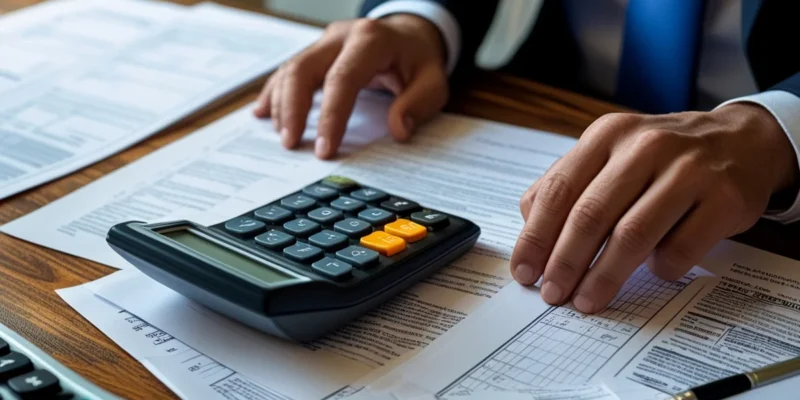 Mãos analisando documentos e calculadora sobre mesa, ilustrando o cálculo do imposto ITCMD em processo de inventário.