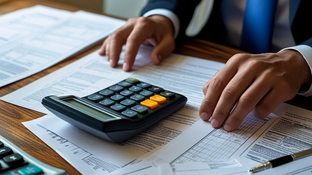 Mãos analisando documentos e calculadora sobre mesa, ilustrando o cálculo do imposto ITCMD em processo de inventário.