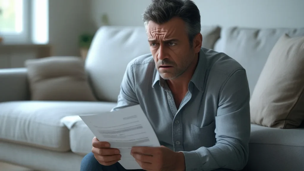 Homem preocupado segurando notificação de cancelamento de plano de saúde próximo a prontuários médicos.