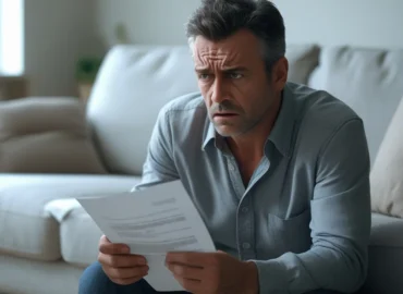 Homem preocupado segurando notificação de cancelamento de plano de saúde próximo a prontuários médicos.