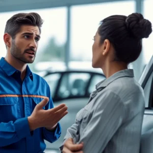 Mecânico conversando com cliente insatisfeito em concessionária, ilustrando a negativa de garantia de fábrica para carro zero.