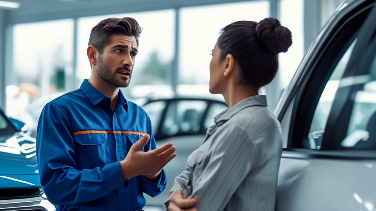 Mecânico conversando com cliente insatisfeito em concessionária, ilustrando a negativa de garantia de fábrica para carro zero.