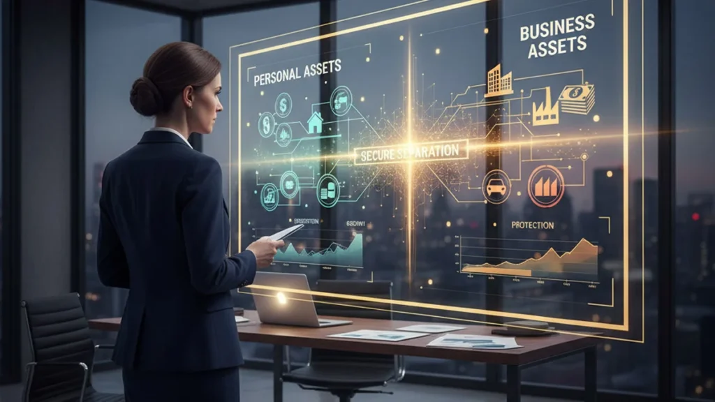 Empresário analisando um gráfico que ilustra a separação segura de bens pessoais e empresariais através de planejamento e holding jurídica.