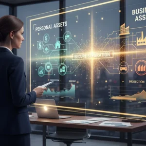 Empresário analisando um gráfico que ilustra a separação segura de bens pessoais e empresariais através de planejamento e holding jurídica.