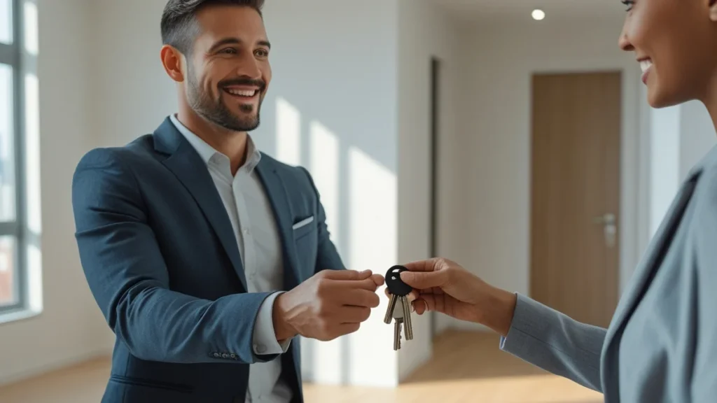 Proprietário recebendo as chaves de um novo apartamento, simbolizando o fim da obra e o início dos seus direitos.