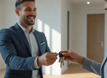 Proprietário recebendo as chaves de um novo apartamento, simbolizando o fim da obra e o início dos seus direitos.