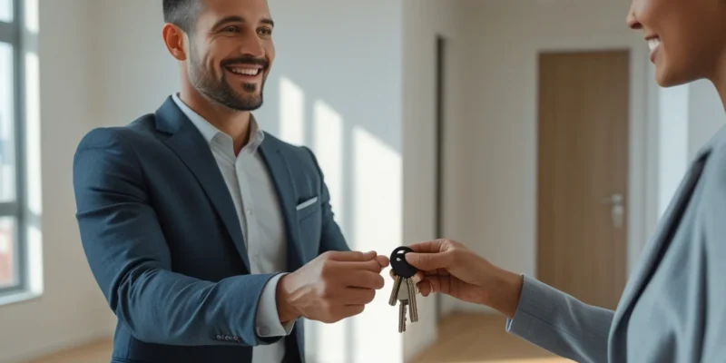 Proprietário recebendo as chaves de um novo apartamento, simbolizando o fim da obra e o início dos seus direitos.