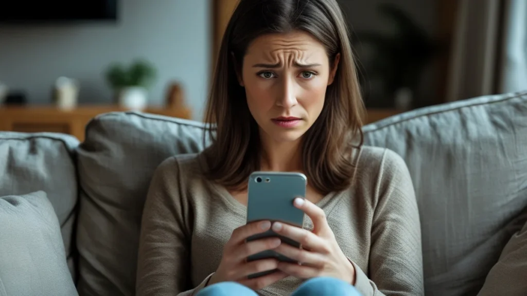 Pessoa usando celular com tela de login falsa de banco, representando o golpe do link falso, com símbolo de responsabilidade legal.