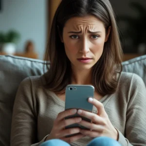 Pessoa usando celular com tela de login falsa de banco, representando o golpe do link falso, com símbolo de responsabilidade legal.