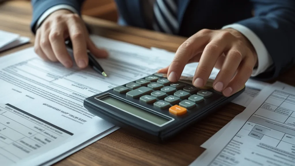 Homem preocupado analisando calculadora e papéis sobre mesa de escritório, representando o cálculo para revisão de pensão alimentícia após redução salarial.
